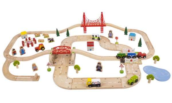 80 piece rural road and railway wooden train set